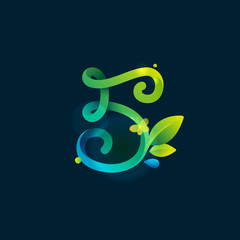 Number five eco logo with green curved lines, leaves and dew drops.