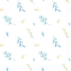 Blue twigs with yellow round berries seamless pattern cute digital textural art on a white background. Print for banners, posters, cards, web, invitation, wrapping paper and boxes.