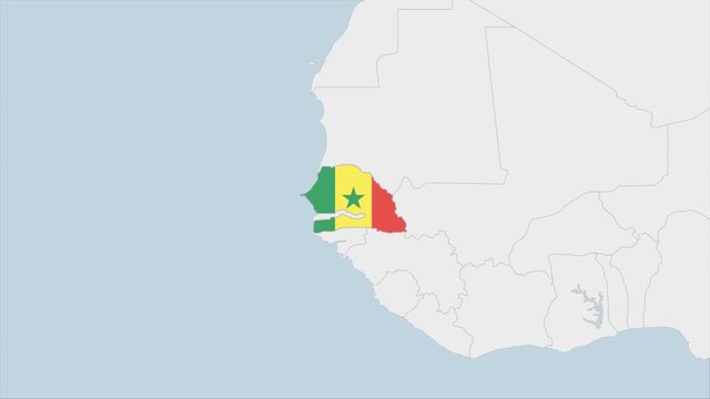 Senegal map highlighted in Senegal flag colors and pin of country capital Dakar.