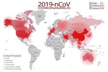 2019-nCoV. Flat world map with infographics where the Coronavirus Virus has spread at the beginning of March. Infected countries. 2019-nCoV infographics.