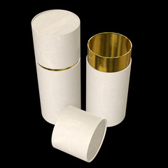 Kraft paper cardboard tube package with gold part mock up. 3d render on black background.