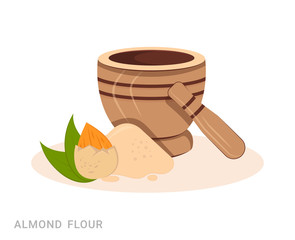 Vector illustration of nut, almond flour and mortal and pestle. Food additive on a white background.