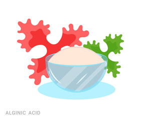 Vector illustration of bowl with alginic acid and brown algae. Food additive on a white background.