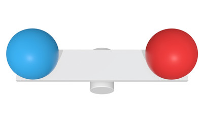 Simple seesaw scales weighing two abstract spheres. Balance, comparison and equality concept. 3d render isolated on white background.
