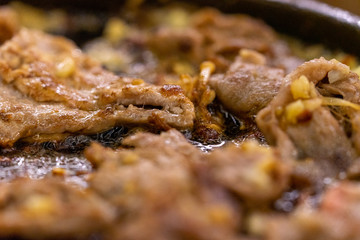 Close-up photos of the grilled meat on the pan