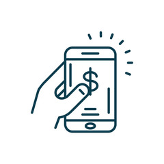 hand holding a cellphone with money symbol, line style