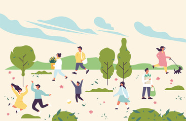 Obraz na płótnie Canvas Vector spring illustration with people enjoying and relaxing their time outdoors in park. Spring season recreation.