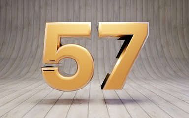 Golden number 57 on wooden floor.
