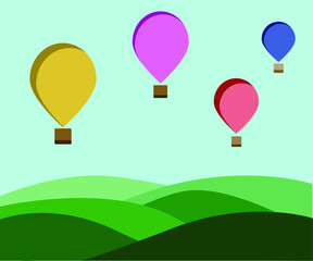 Vector landscape, balloon in the sky, airship