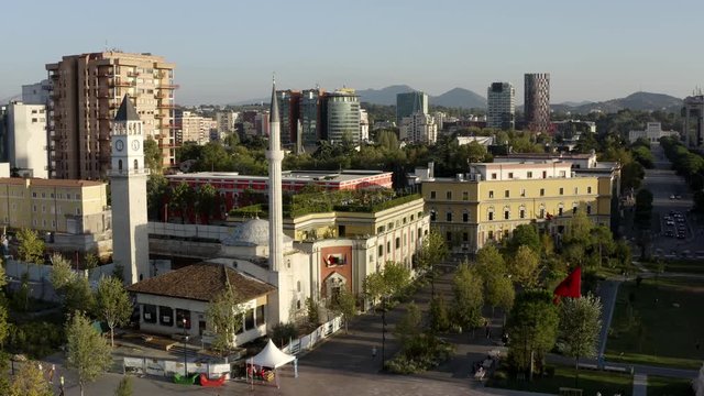 Et&rsquo;hem Bey Mosque at Skanderbeg Place in Tirana, Albania (aerial, drone)