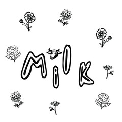 Vector illustration.Close-up of abstract lettering milk and wildflowers on a white background.