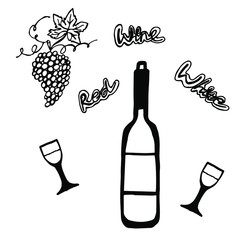 Vector illustration. Abstract bottle of wine with glasses and inscriptions on a white background. Cover design.
