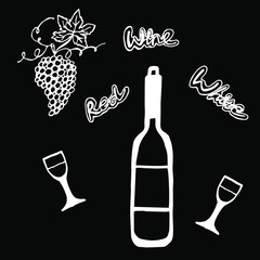 Vector illustration. Abstract bottle of wine with glasses and the inscription on a black background. Cover design.