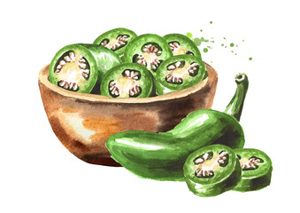 Image of Bowl with Jalapeno green hot chili pepper, whole pods, chopped, halved, and sliced. Hand drawn watercolor illustration, isolated on white background printed on Printed Glass Splashbacks