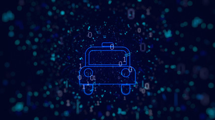 Digital background: Car on blue background with icon network on a black background.