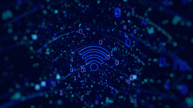 Digital concept: Wireless network icon(Wi-Fi) on black digital background. Wi -Fi icon consisting of interactive digit and symbol. Wi-Fi icon in digital cyber space on black background.