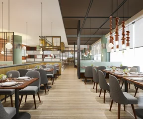Gordijnen 3d rendering loft and luxury hotel reception and vintage cafe lounge restaurant © dit26978