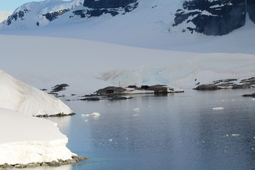 The abandoned British base at Port Lockroy,  now a museum and post office, on the north-western shore of Wiencke Island, Palmer Archipelago, Antarctica