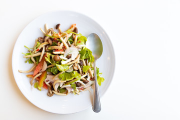 Mushroom salad on white color plate background