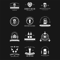 Beer badges. Beers pub, lager bottle and hipster craft beer badge. Tavern logotype, premium alcohol drink sticker or bar bottle insignia. Isolated illustration symbols set