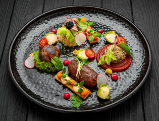 Beautifully decorated catering banquet table with different food snacks