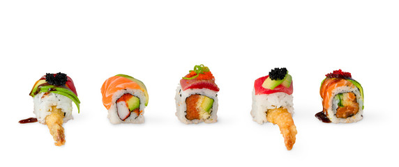 Fancy Sushi Rolls Isolated on white Background, Clipping Path Included. Japanese Food