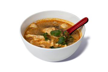 Tom Yum Chicken Soup, Classic Thai Spicy Soup with Mushroom, Cilantro and Chicken Breast Isolated on White Background. Asian Food. Clipping Path on the Main Object (not the shadow) Included