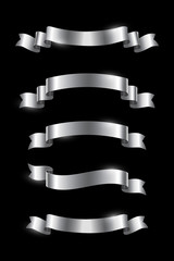 Silver luxury ribbons set. Vector design elements isolated on black background.