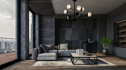 Modern luxury city apartment with grey walls - obrazy, fototapety, plakaty