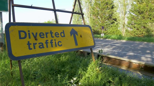 diverted traffic roadworks sign on uk motorway in england