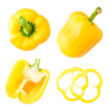 Set of yellow bell peppers, halves and rings on a white background. The view from top.