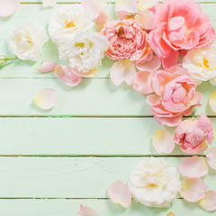 Naklejka na ściany i meble pink and white roses on green wooden background