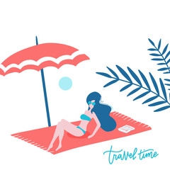 Beautiful cute happy tan woman lying on the beach towel under an umbrella with unglasses. White sand coast. Rest alone in a tropical hot sunny place. Blank space for text, message, ad. Vector flat