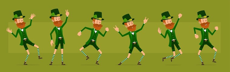 Cartoon funny irish bearded leprechaun boy character with clover hat. Ready for animations. Saint Patricks day. Rock and roll irish jumping and dancing. Big vector icon set.