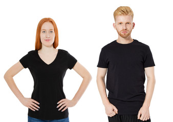 red-head man and girl standing in stylish black tshirt mock up isolated, t-shirt close up background