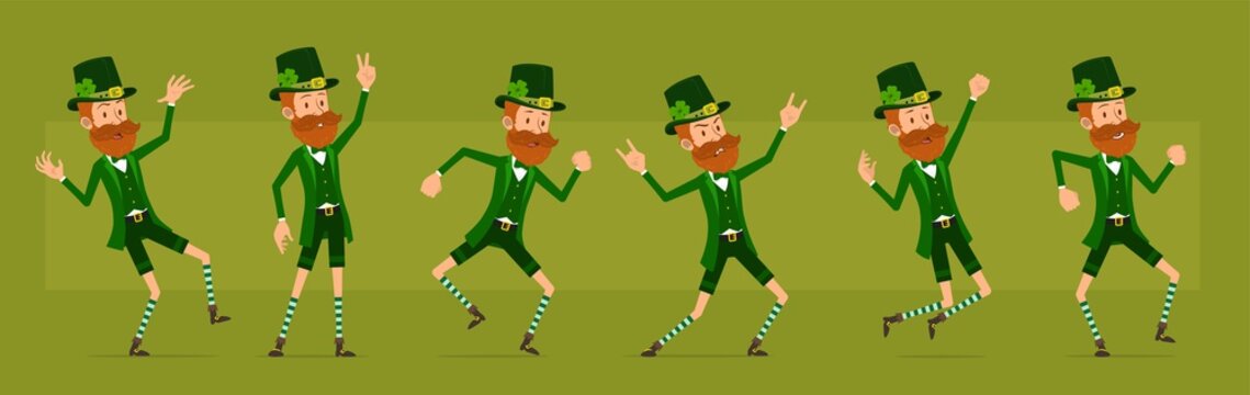 Cartoon funny irish bearded leprechaun boy character with clover hat. Ready for animations. Saint Patricks day. Rock and roll irish jumping and dancing. Big vector icon set.
