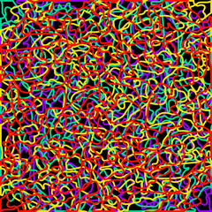 Random colored tangled ropes and red lines.