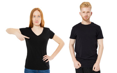 Shirt design and people concept - close up of red hair man and woman in blank black t-shirt front isolated