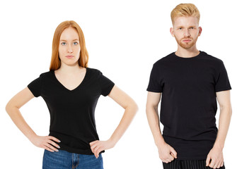 Shirt design and people concept - close up of young man and woman in blank black tshirt front isolated. Mock up template for design print