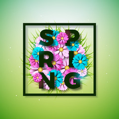 Vector Illustration on a Spring Nature Theme with Beautiful Colorful Flower on Green Background. Floral Design Template with Typography Letter for Banner, Flyer, Invitation, Poster or Greeting Card.