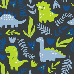 Cute vector seamless pattern with dinosaurs character. Dino illustration on dark background in doodle childish style with plants and flowers. For childish design, concept and textile