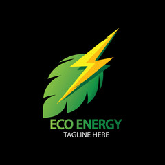 Eco Energy Vector Logo with leaf symbol. Green color with flash or thunder graphic. Nature and electricity renewable. This logo is suitable for technology, recycle, organic.