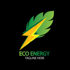 Eco Energy Vector Logo with leaf symbol. Green color with flash or thunder graphic. Nature and electricity renewable. This logo is suitable for technology, recycle, organic.