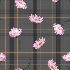 Modern hand painted pink florals on grid check with orange line seamless pattern cin vector ,Design for fashion,fabric,wallpaper,wrapping