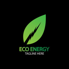 Eco Energy Vector Logo with leaf symbol. Green color with flash or thunder graphic. Nature and electricity renewable. This logo is suitable for technology, recycle, organic.
