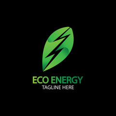 Eco Energy Vector Logo with leaf symbol. Green color with flash or thunder graphic. Nature and electricity renewable. This logo is suitable for technology, recycle, organic.