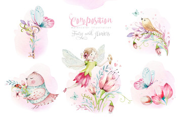 Cute Fairy character watercolor illustration on white background. Magic fantasy cartoon pink fairytale design. Baby girl birthday © kris_art