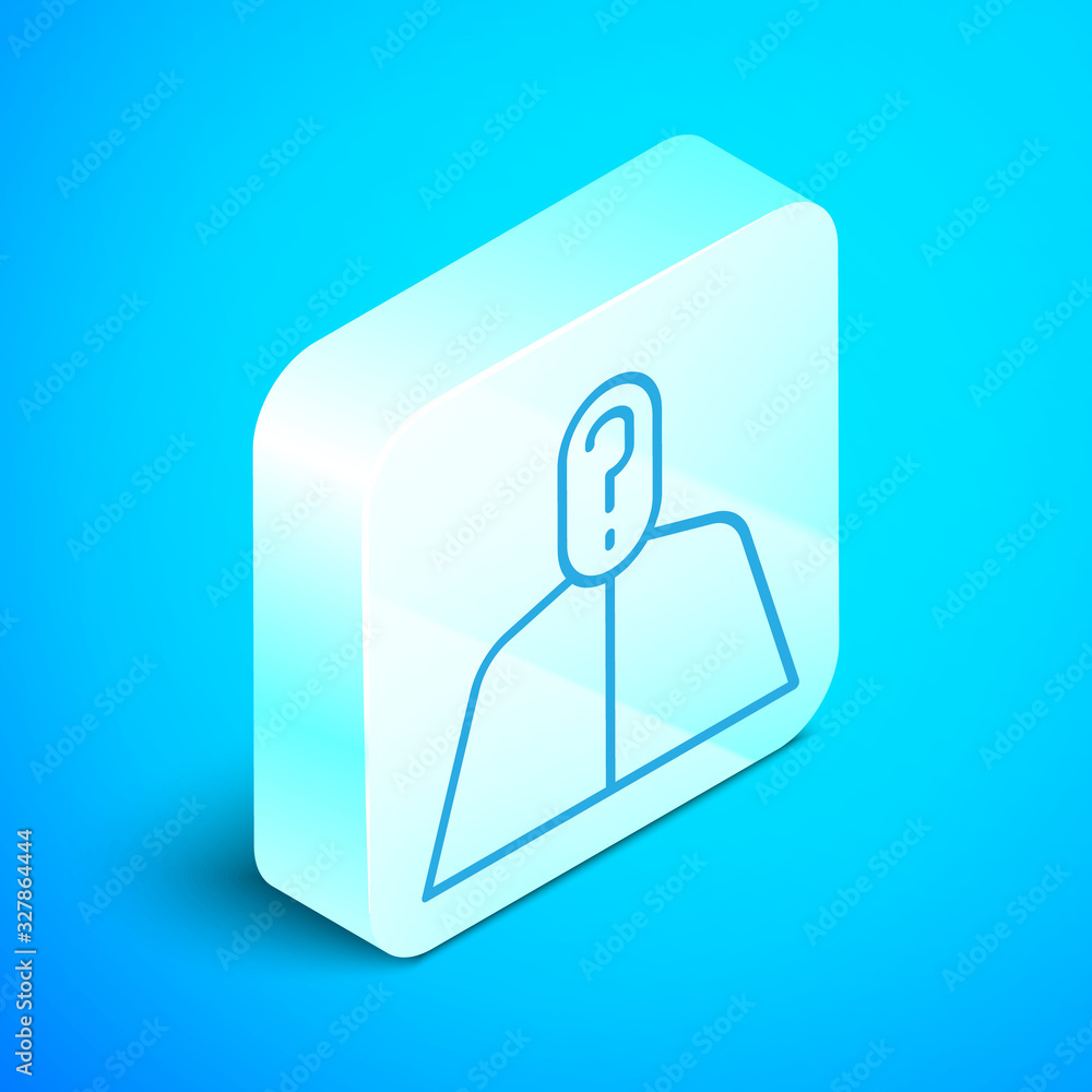 Poster isometric line anonymous man with question mark icon isolated on blue background. unknown user, inco