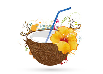 Kokosnuss Cocktail mit Hibiskus Blüte & Trinkhalm © namosh