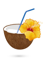 Kokosnuss Cocktail mit Hibiskus Blüte & Trinkhalm © namosh